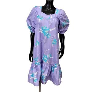 Vintage 80s Helena's S/M‎ Lavender Tropical Hibiscus Floral Midi MuuMuu Dress